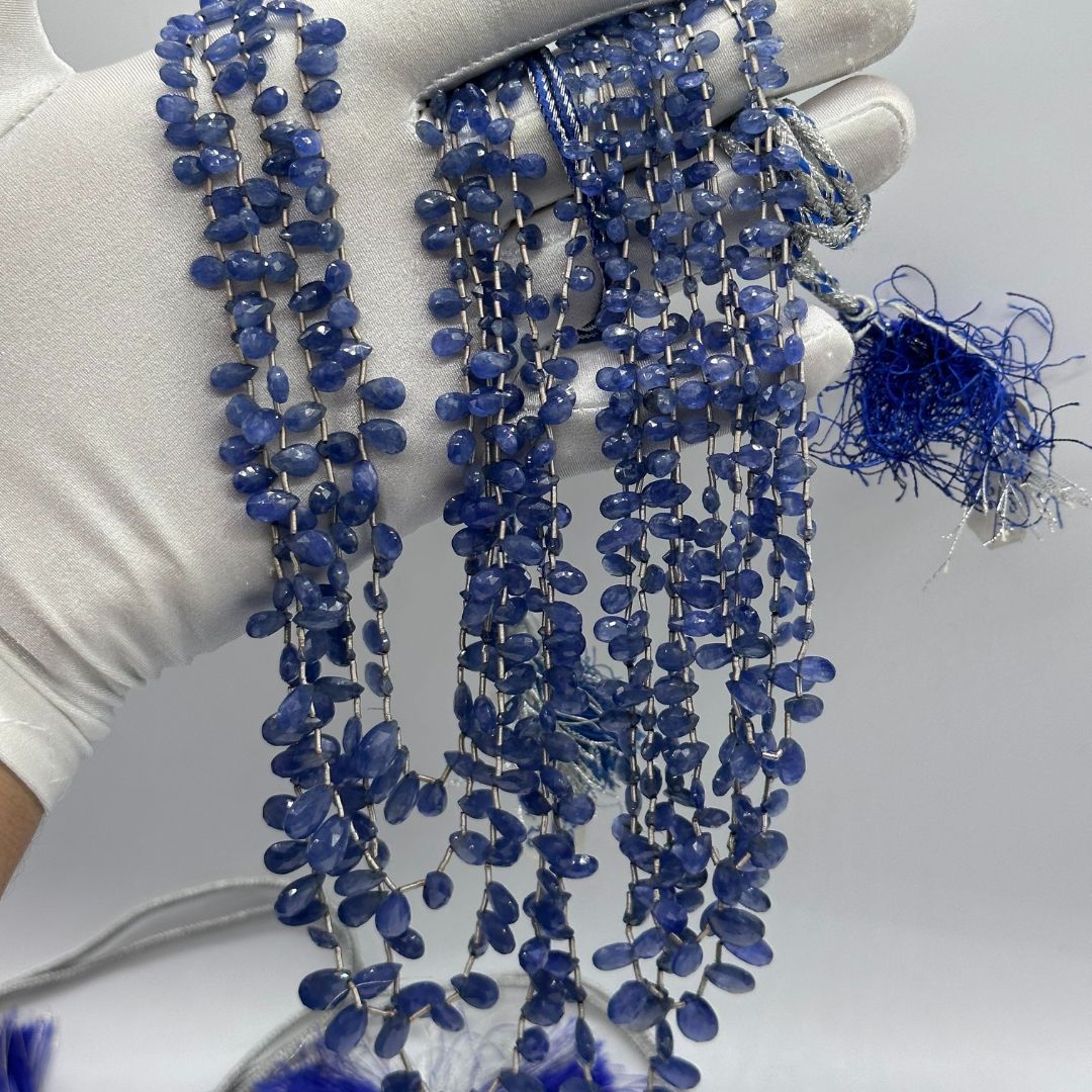 Blue Sapphire Pear Briolette Beads – 3x5mm to 7x12mm AAA Natural Sapphire Drops – 9 Strands, 625 Carats