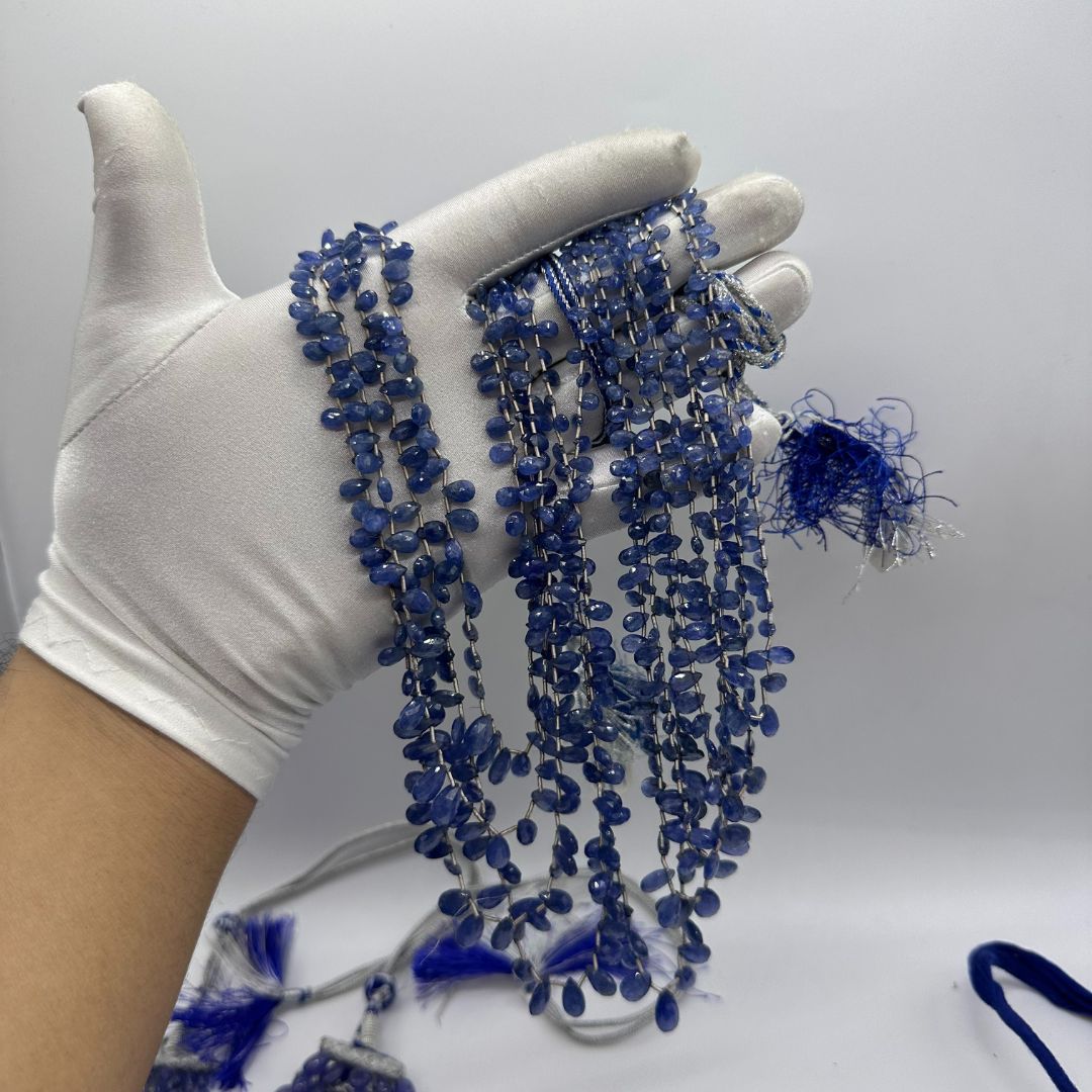 Blue Sapphire Pear Briolette Beads – 3x5mm to 7x12mm AAA Natural Sapphire Drops – 9 Strands, 625 Carats