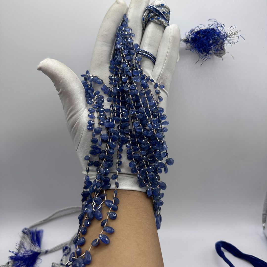 Blue Sapphire Pear Briolette Beads – 3x5mm to 7x12mm AAA Natural Sapphire Drops – 9 Strands, 625 Carats