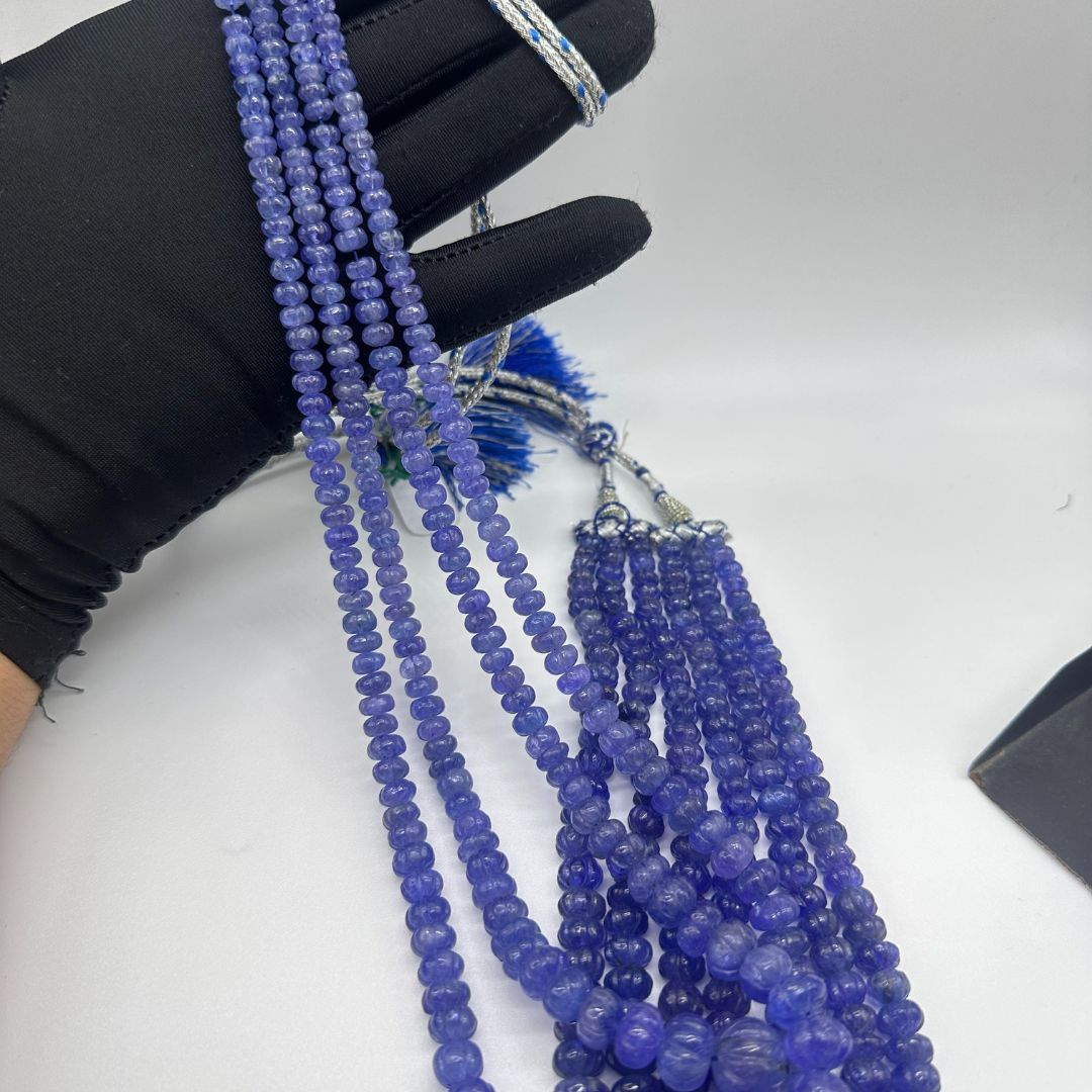 Natural Tanzanite Carved Melon Beads – 6mm to 15mm AAA+ Quality – 5 Lines, 1920 Carats – Handcrafted Gemstones for Luxury Jewelry