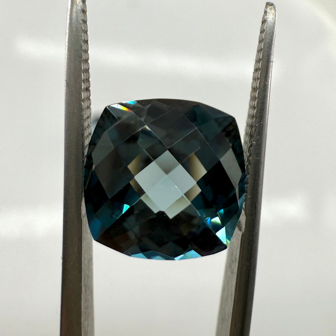 London Blue Topaz 11mm Cushion Checker Top – Natural Faceted Gemstone