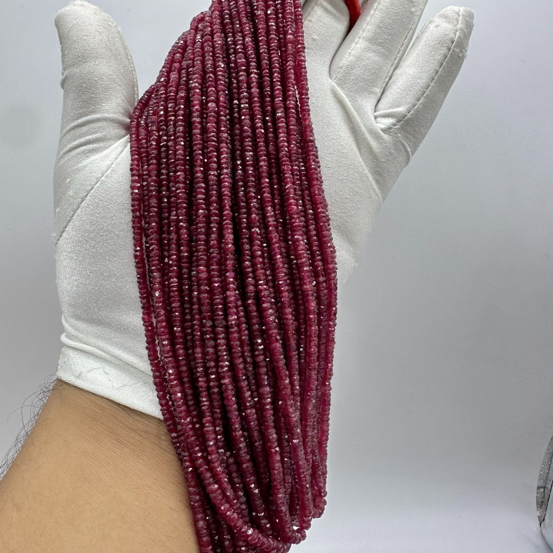 Glass-Filled Ruby Faceted Rondelle Beads – 2mm to 4mm – 1131 Carats – 23 Lines – Brilliant Red Gemstone Strands for Jewelry Making