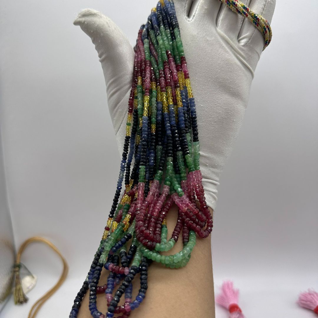 Natural Emerald, Ruby & Multi-Color Sapphire Faceted Rondelle Beads – 3mm to 4mm – 870 Carats – 14 Lines – Mixed Precious Gemstone Beads for Jewelry Making