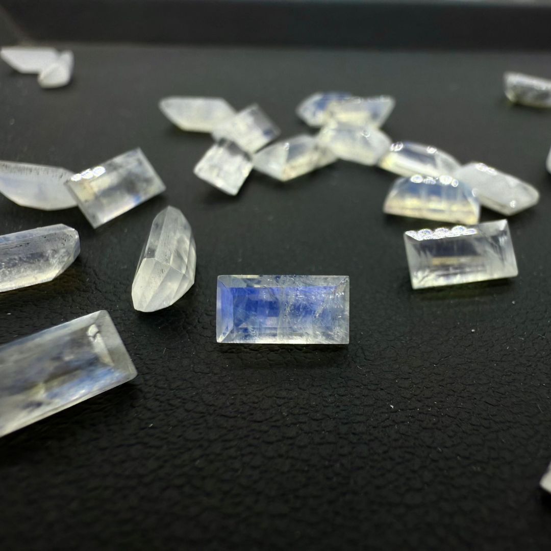 8x4mm Rainbow Moonstone Baguette Cut – AAA+ Natural Gemstone for Jewelry Making | Shimmering Blue Flash